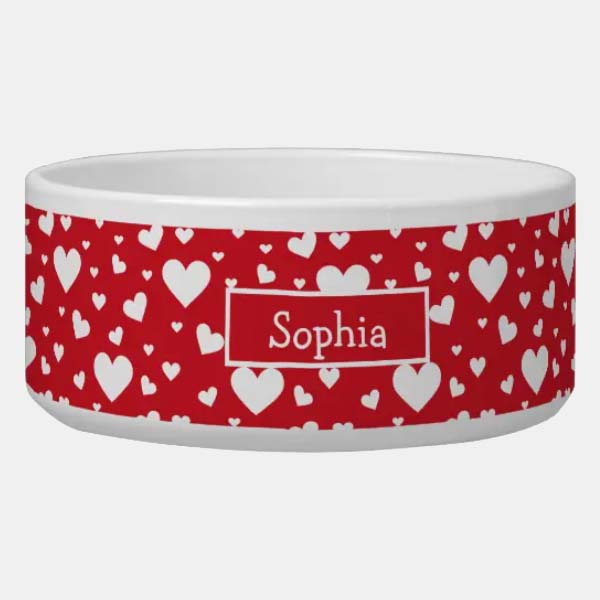 White Hearts On Red Personalizable Pet Bowl